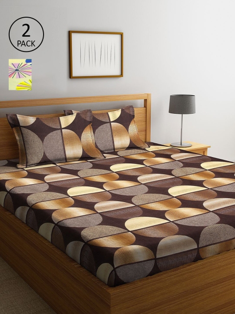 

KLOTTHE Brown & Yellow Geometric 210 TC 2 King Bedsheet with 4 Pillow Covers