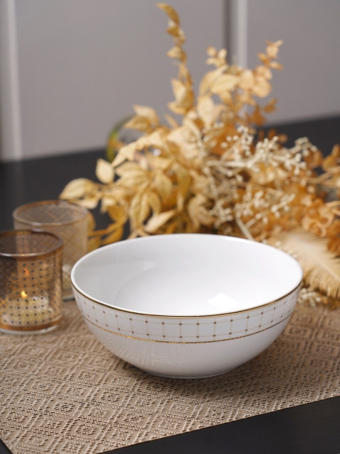 

Pure Home and Living White & Gold-Toned Printed Checked Serving Bowl