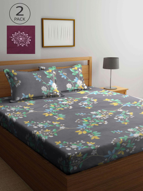 

KLOTTHE Grey & Maroon Floral 210 TC 2 King Bedsheet with 4 Pillow Covers