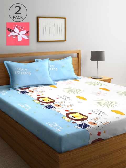 

KLOTTHE Blue & White Cartoon Characters 210 TC 2 King Bedsheet with 4 Pillow Covers
