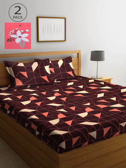 

KLOTTHE Brown & Pink Geometric 210 TC 2 King Bedsheet with 4 Pillow Covers