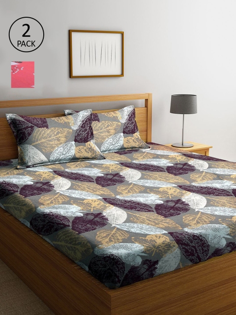

KLOTTHE Grey & Red Floral 210 TC 2 King Bedsheet with 4 Pillow Covers