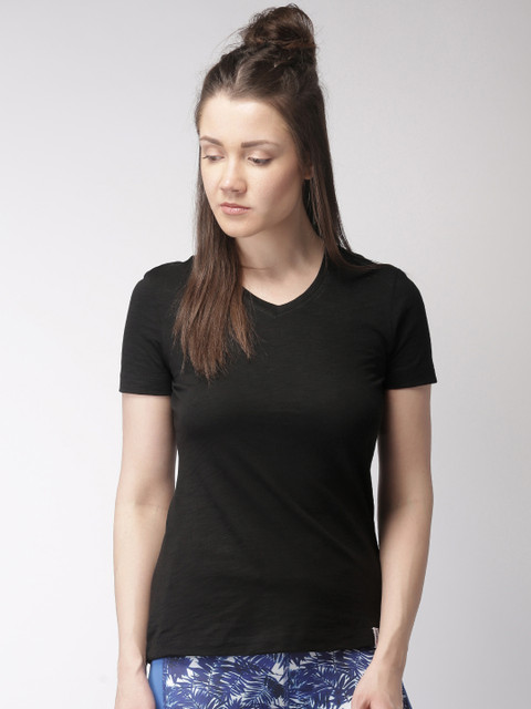 

2GO Women Black Solid V-Neck T-shirt