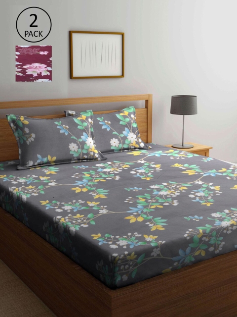 

KLOTTHE Grey & Maroon Floral 210 TC 2 King Bedsheet with 4 Pillow Covers