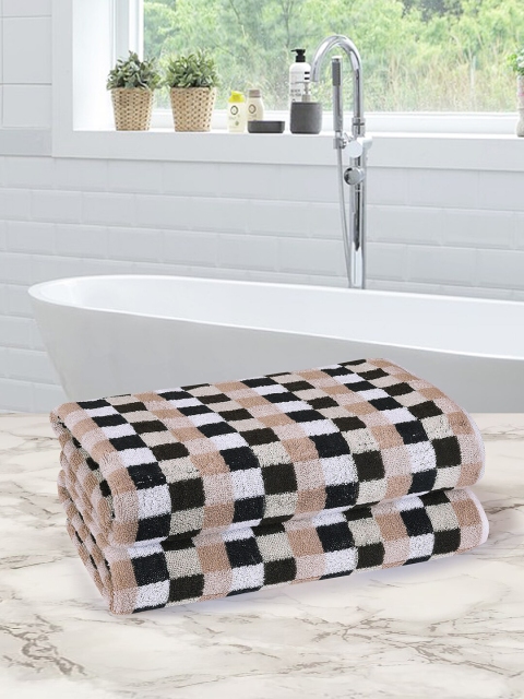

ROMEE Set Of 2 Brown & Black Checked Pure Cotton 500 GSM Bath Towels