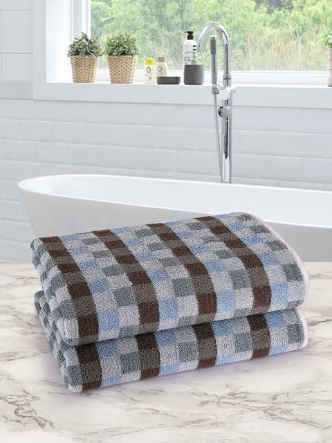 

ROMEE Set Of 2 Blue & Black Checked Cotton 500 GSM Bath Towels