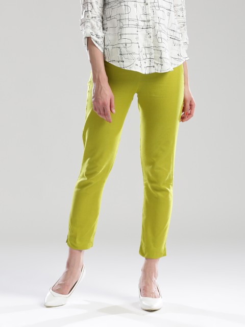

W Women Lime Green Solid Cropped Cigarette Trousers
