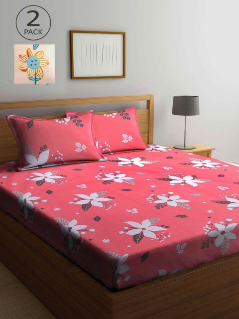 

KLOTTHE Peach-Coloured & Pink Floral 210 TC 2 King Bedsheet with 4 Pillow Covers