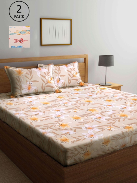 

KLOTTHE Copper-Toned & Beige Floral 210 TC 2 King Bedsheet with 4 Pillow Covers