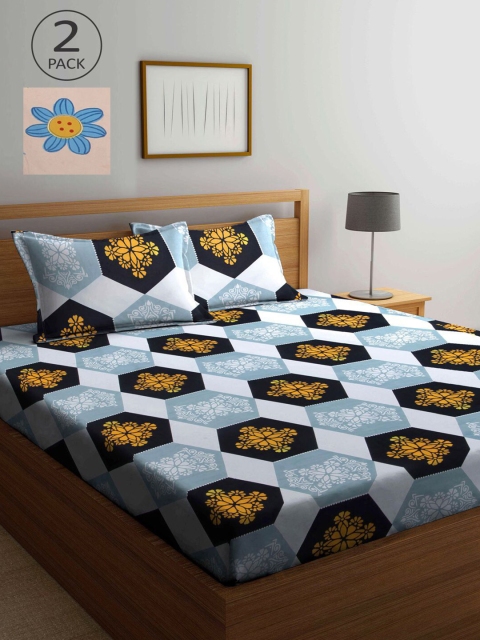 

KLOTTHE Blue & Peach-Coloured Geometric 210 TC 2 King Bedsheet with 4 Pillow Covers