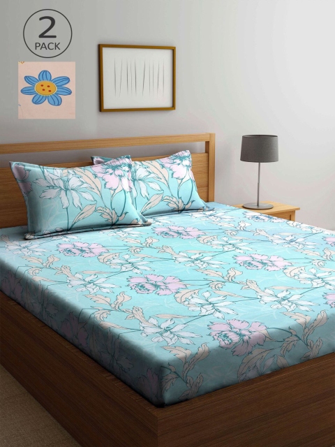 

KLOTTHE Peach-Coloured & Blue Floral 210 TC 2 King Bedsheet with 4 Pillow Covers