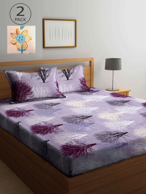 

KLOTTHE Peach-Coloured & Purple Floral 210 TC 2 King Bedsheet with 4 Pillow Covers