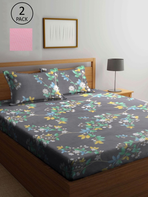 

KLOTTHE Grey & Pink Floral 210 TC 2 King Bedsheet with 4 Pillow Covers