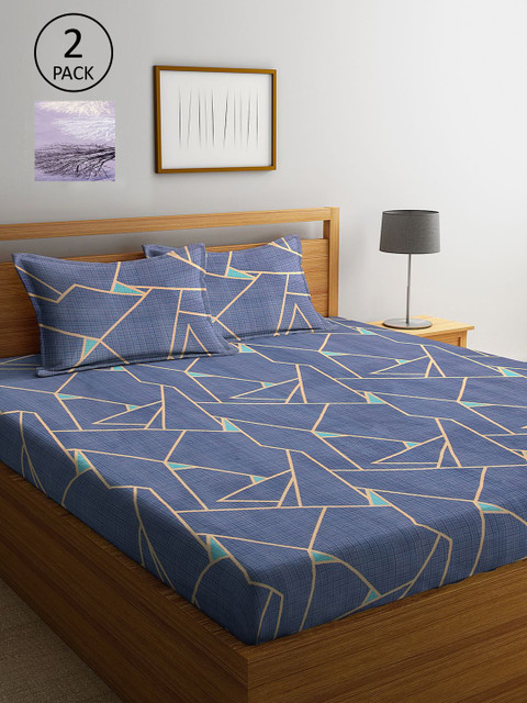 

KLOTTHE Blue & Lavender Geometric 210 TC 2 King Bedsheet with 4 Pillow Covers