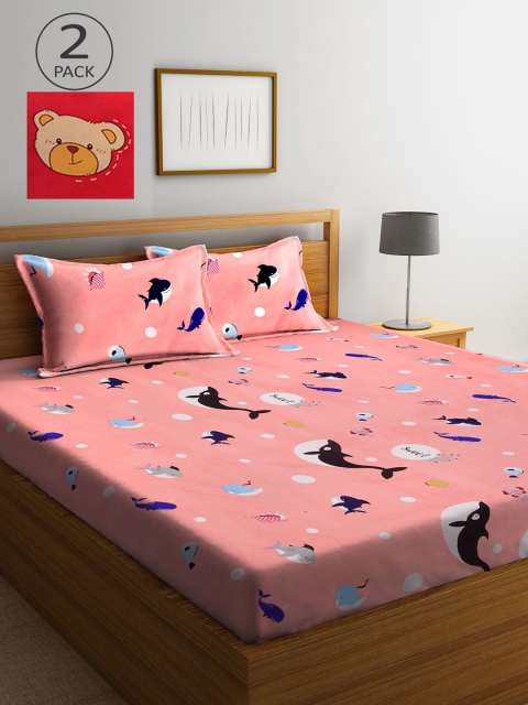 

KLOTTHE Red & Peach-Coloured Cartoon Characters 210 TC 2 King Bedsheet with 4 Pillow Covers