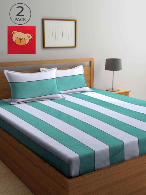 

KLOTTHE White & Green Striped 210 TC 2 King Bedsheet with 4 Pillow Covers