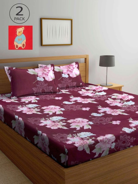 

KLOTTHE Maroon & Red Floral 210 TC 2 King Bedsheet with 4 Pillow Covers