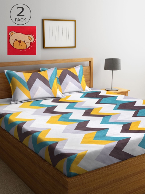 

KLOTTHE White & Yellow Geometric 210 TC 2 King Bedsheet with 4 Pillow Covers