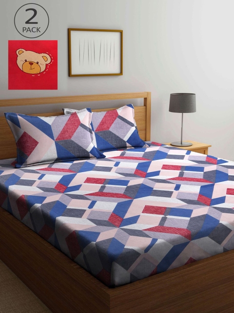 

KLOTTHE Blue & Pink Geometric 210 TC 2 King Bedsheet with 4 Pillow Covers