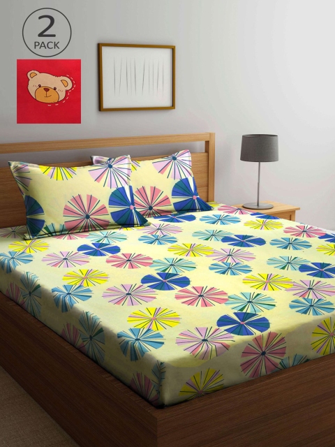 

KLOTTHE Yellow & Red Floral 210 TC 2 King Bedsheet with 4 Pillow Covers