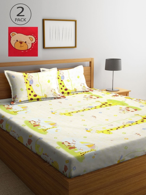 

KLOTTHE Cream-Coloured & Red Cartoon Characters 210 TC 2 King Bedsheet with 4 Pillow Covers