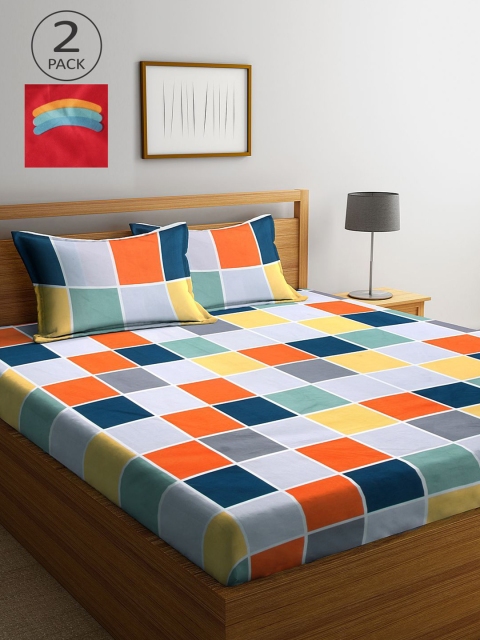 

KLOTTHE Orange & Green Geometric 210 TC 2 King Bedsheet with 4 Pillow Covers