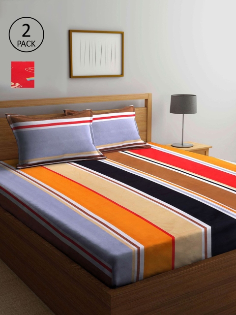 

KLOTTHE Orange & Red Striped 210 TC 2 King Bedsheet with 4 Pillow Covers