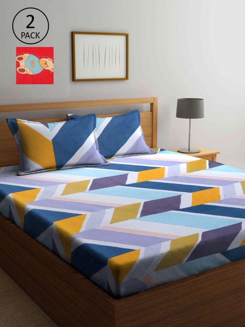 

KLOTTHE Blue & Yellow Geometric 210 TC 2 King Bedsheet with 4 Pillow Covers