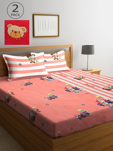 

KLOTTHE Peach-Coloured & Red Cartoon Characters 210 TC 2 King Bedsheet with 4 Pillow Covers