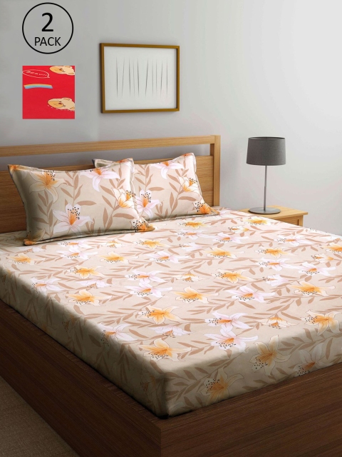

KLOTTHE Beige & Red Floral 210 TC 2 King Bedsheet with 4 Pillow Covers