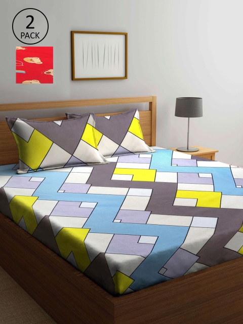 

KLOTTHE Blue & White Geometric 210 TC 2 King Bedsheet with 4 Pillow Covers