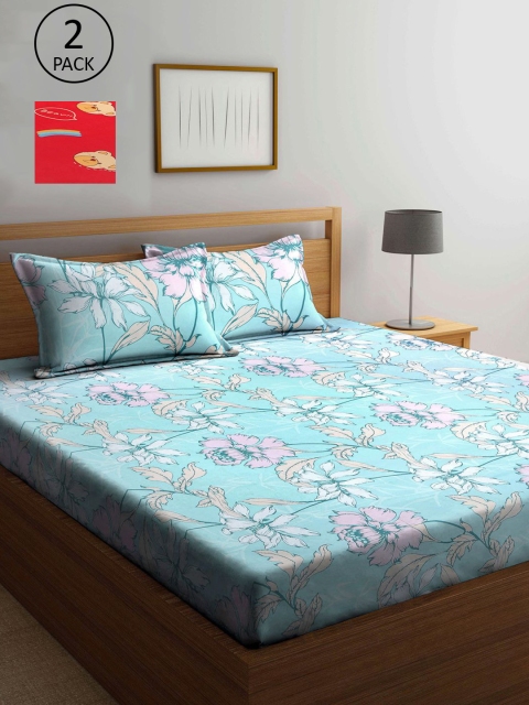 

KLOTTHE Turquoise Blue & Red Floral 210 TC 2 King Bedsheet with 4 Pillow Covers