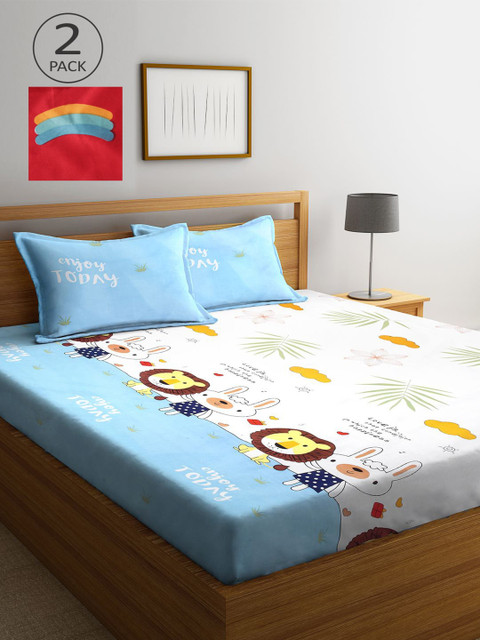 

KLOTTHE White & Blue Cartoon Characters 210 TC 2 King Bedsheet with 5 Pillow Covers