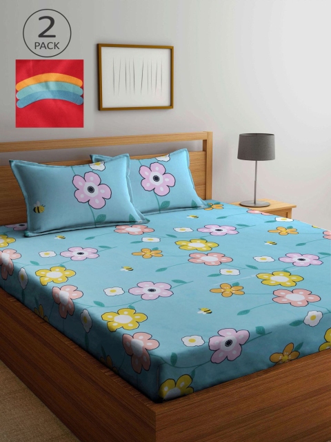 

KLOTTHE Blue & Red Floral 210 TC 2 King Bedsheet with 4 Pillow Covers