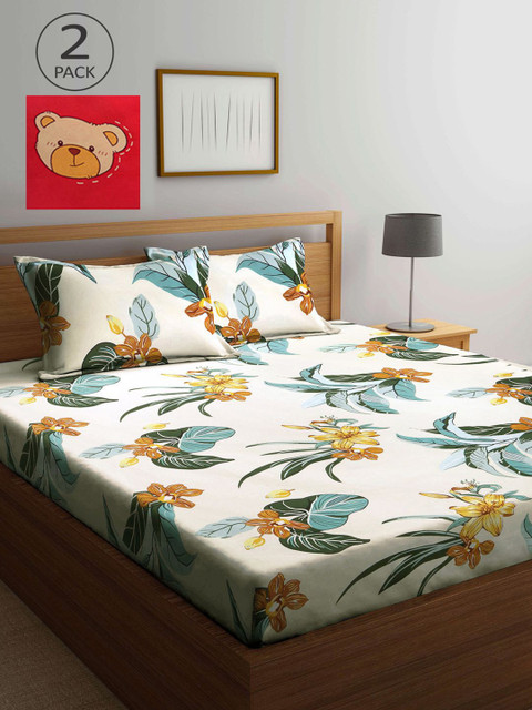 

KLOTTHE Off White & Red Floral 210 TC 2 King Bedsheet with 4 Pillow Covers