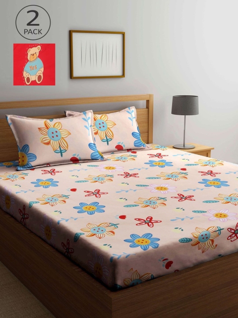 

KLOTTHE Beige & Red Floral 210 TC 2 King Bedsheet with 4 Pillow Covers