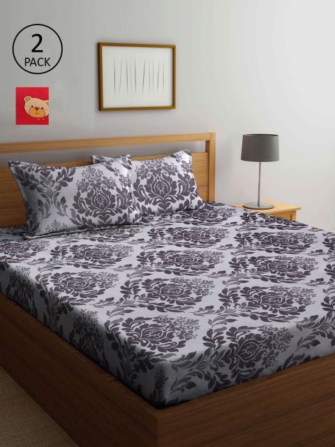

KLOTTHE Grey & Black Floral 210 TC 2 King Bedsheet with 4 Pillow Covers