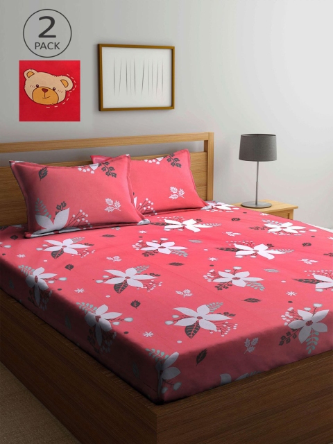

KLOTTHE Peach-Coloured & Red Floral 210 TC 2 King Bedsheet with 4 Pillow Covers