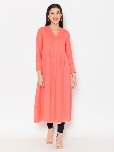 

Ekmatra Women Coral Orange Pin-Tuck A-line Kurta