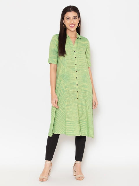 

Ekmatra Fluorescent Green Self Design Cotton Shirt Collar Tunic