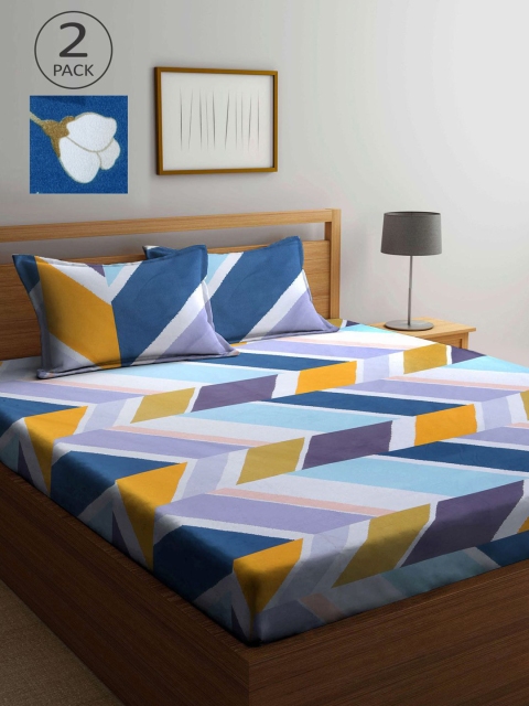 

KLOTTHE Blue & Yellow Geometric 210 TC 2 King Bedsheet with 4 Pillow Covers