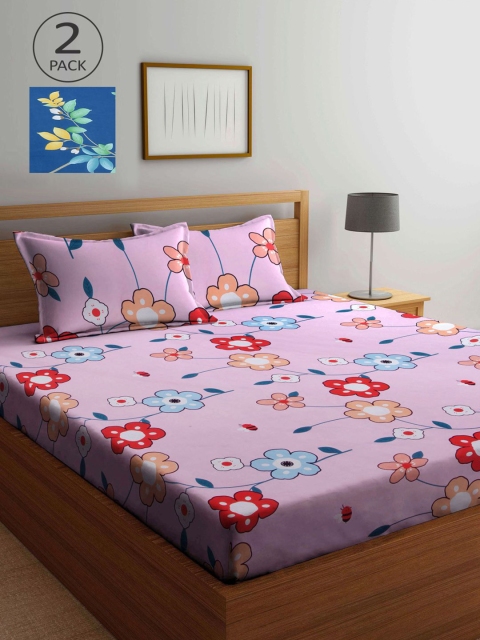 

KLOTTHE Pink & Blue Floral 210 TC 2 King Bedsheet with 4 Pillow Covers