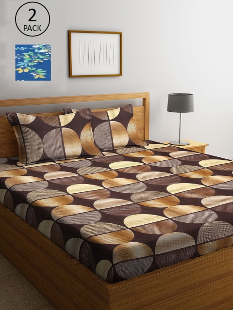 

KLOTTHE Brown & Blue Geometric 210 TC 2 King Bedsheet with 4 Pillow Covers