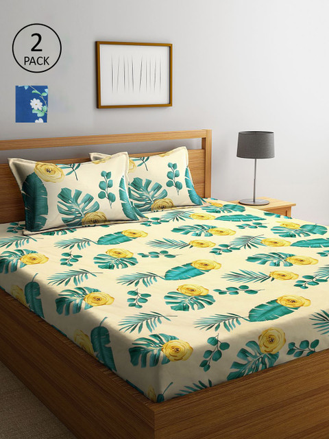

KLOTTHE Cream-Coloured & Blue Floral 210 TC 2 King Bedsheet with 4 Pillow Covers