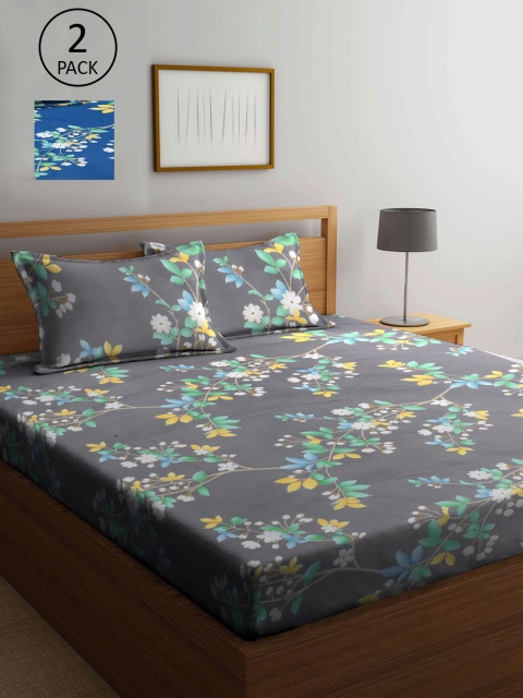 

KLOTTHE Grey & Blue Floral 210 TC 2 King Bedsheet with 4 Pillow Covers