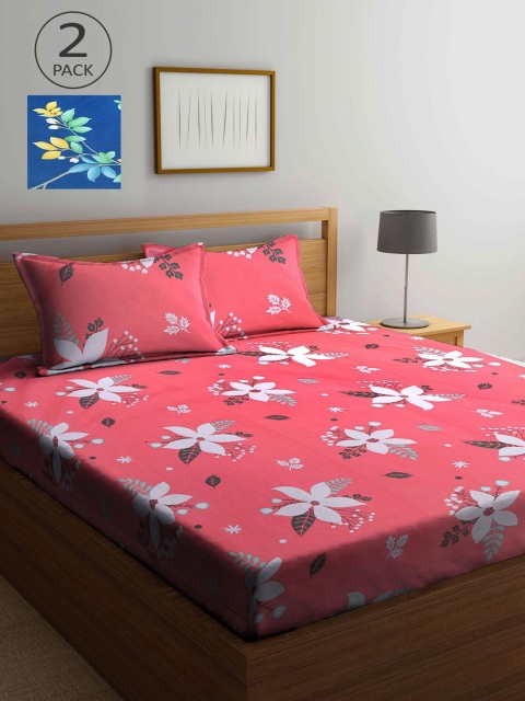

KLOTTHE Pink & Blue Floral 210 TC 2 King Bedsheet with 4 Pillow Covers
