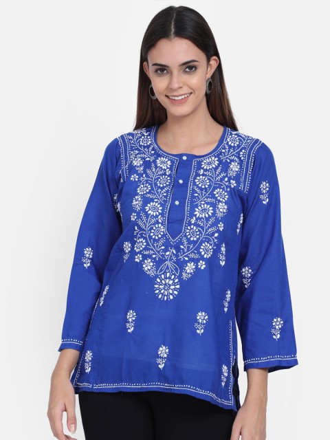 

PARAMOUNT CHIKAN Blue & White Ethnic Motifs Chikankari Embroidered Cotton Kurti