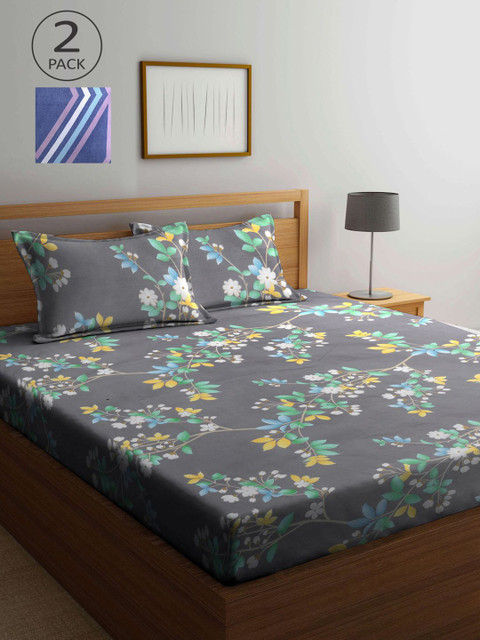 

KLOTTHE Grey & Blue Floral 210 TC 2 King Bedsheet with 4 Pillow Covers