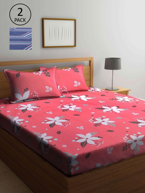 

KLOTTHE Pink & Blue Floral 210 TC 2 King Bedsheet with 4 Pillow Covers