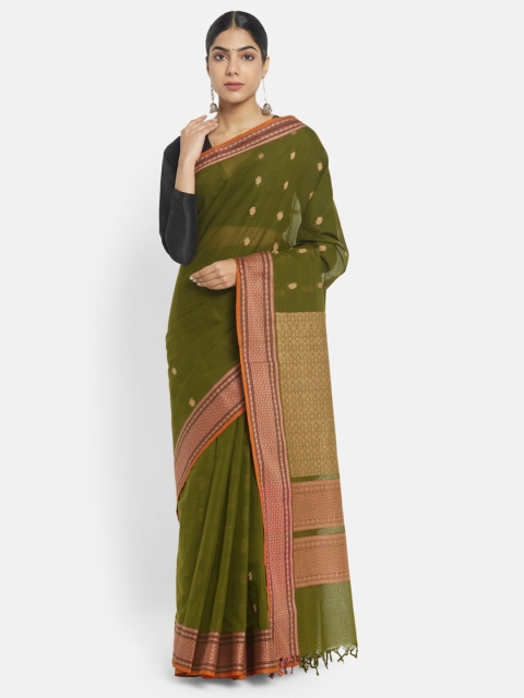 

Fabindia Green & Brown Woven Design Zari Pure Cotton Saree